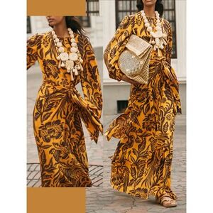 Johanna Ortiz Maxi Dress 100% SILK Yellow Gold Brown Floral Gown Long Sleeve 2